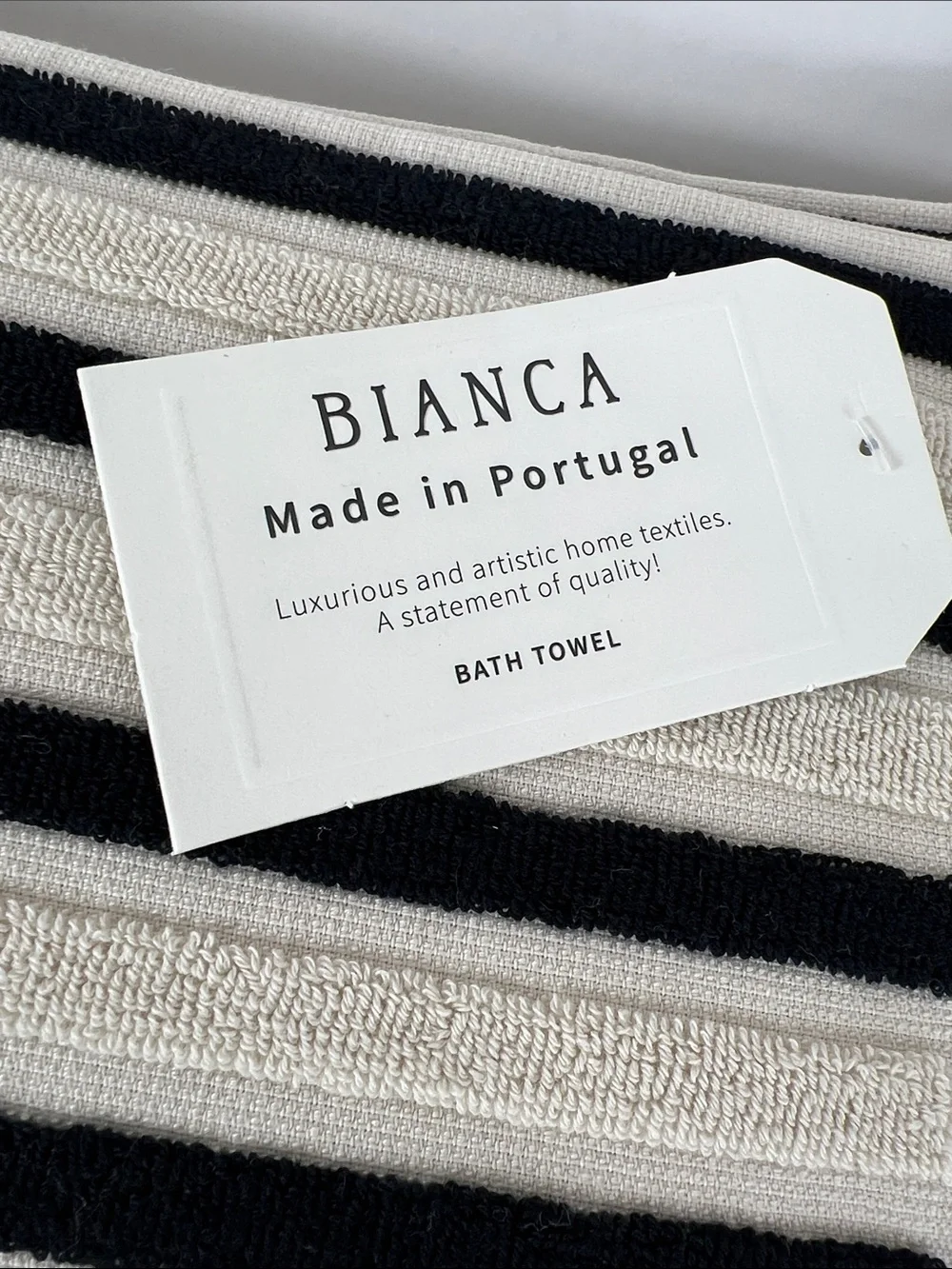 Bianca Bath Towel Set Striped Black & Cream with Fringe Made in Portugal 2pc NEW